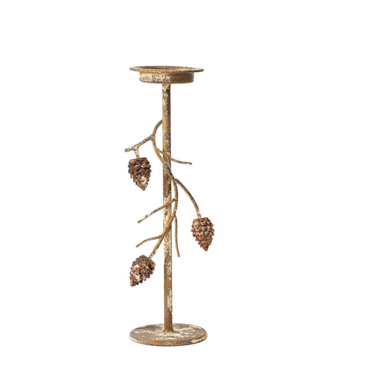 Aura Candle Holder with Pinecone Branches Rustic Gold Large